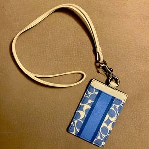 NWT Authentic Coach Blue and White Badge Holder with Leather Lanyard